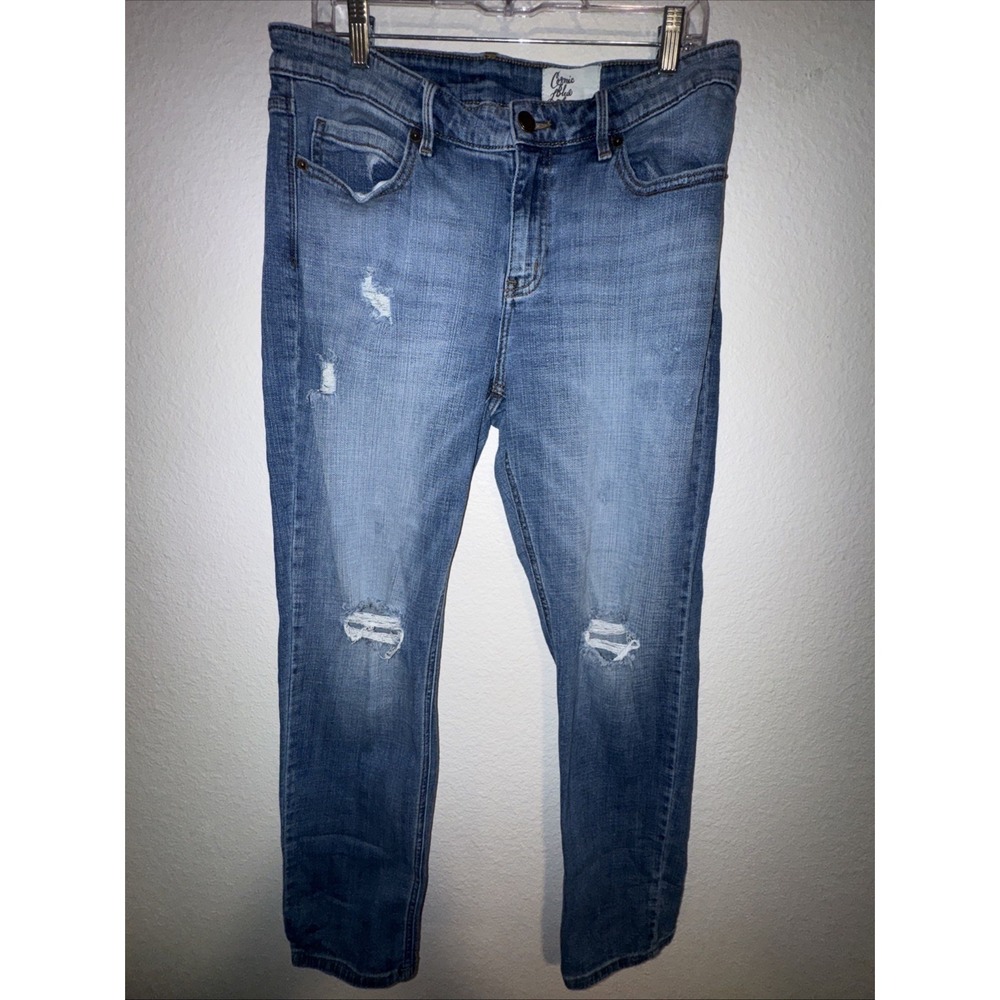 Cosmic Blue Love Women's Jeans Size 31 Medium Rise Straight Stretch Distressed